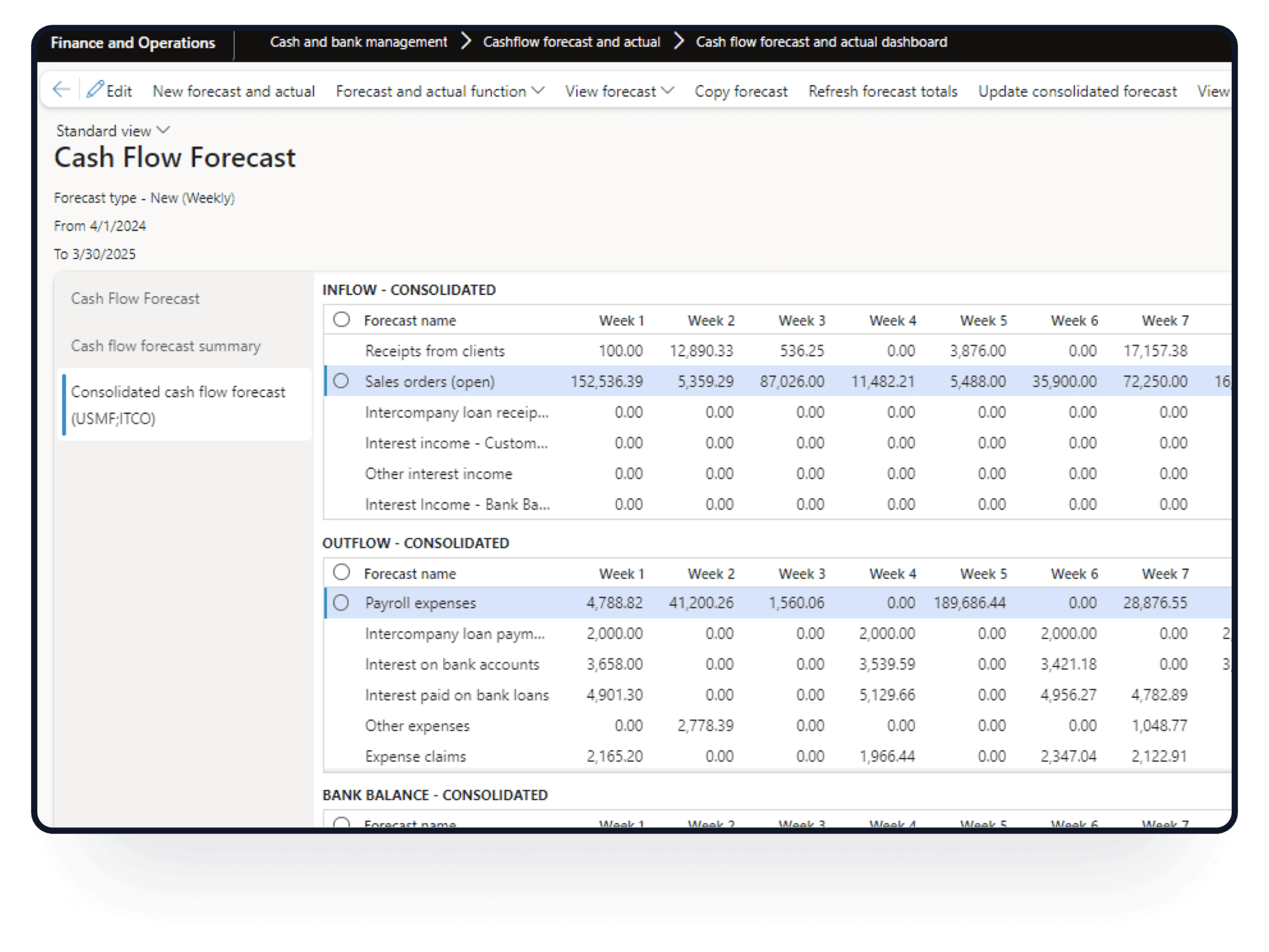 Dynamics 365 Finance Cash Flow Forecasting Add-Ons analytics workspace